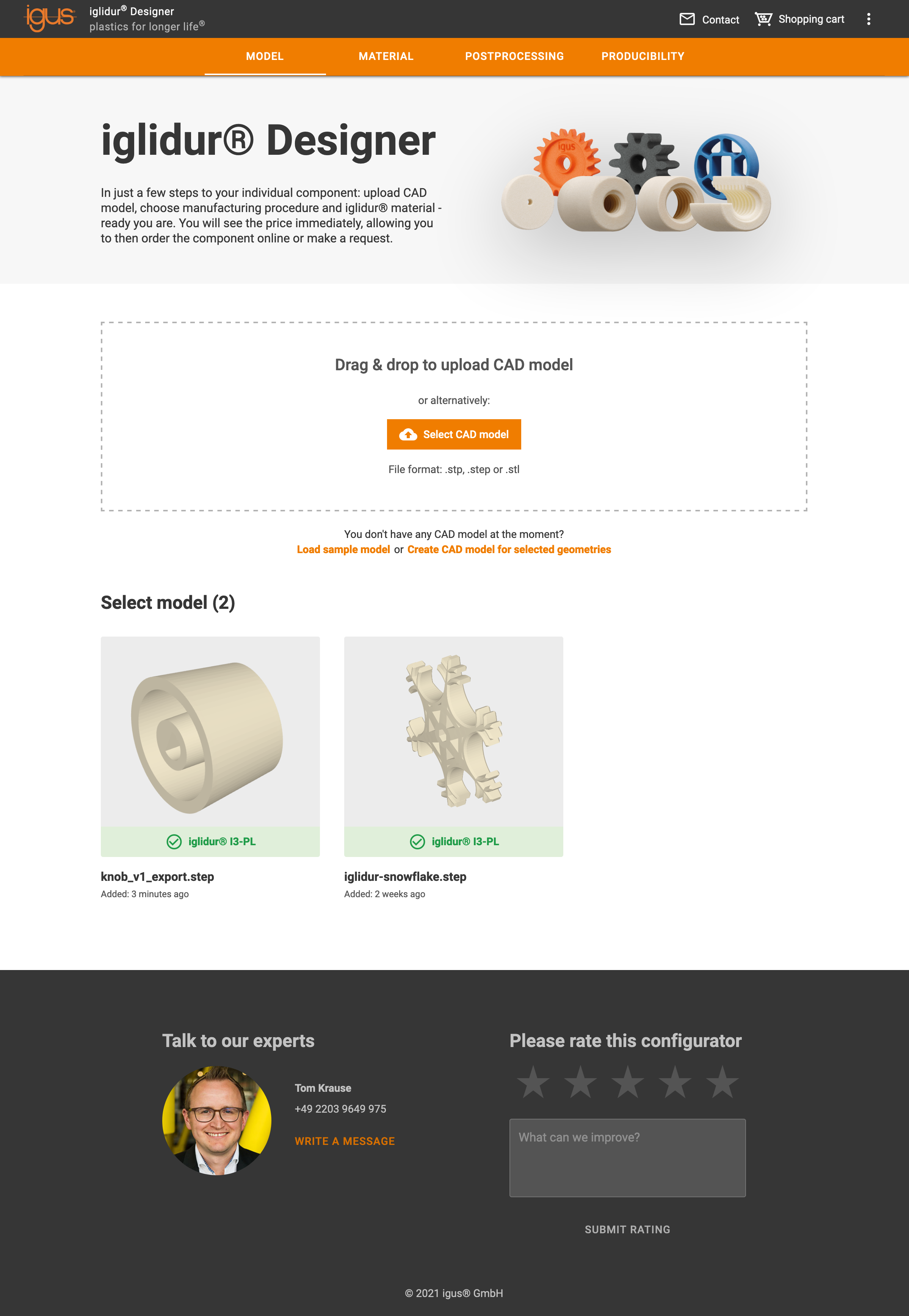 A screenshot of an online app, showing a 3d rendering of a cad model and the possibility to order it